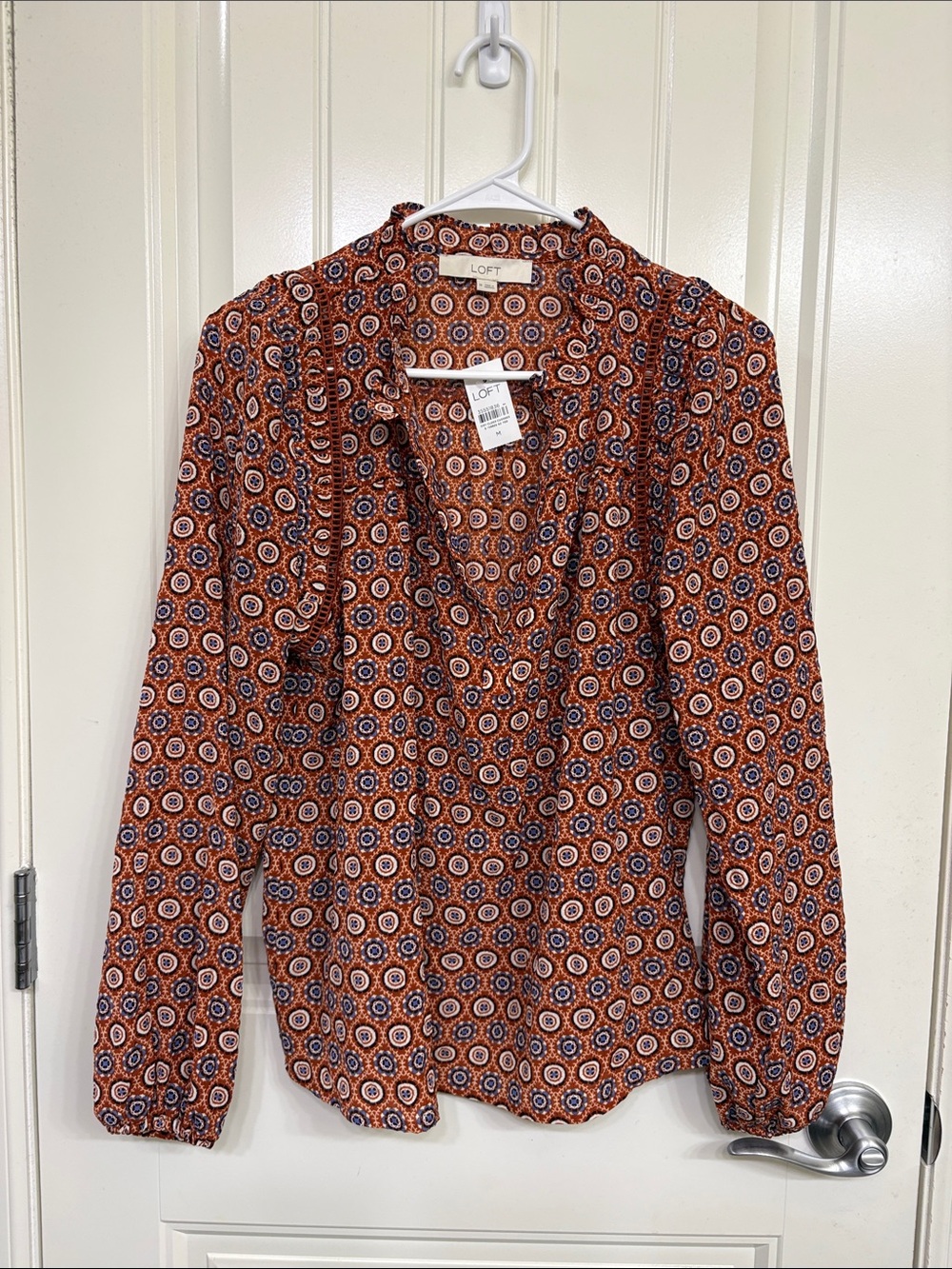 NWT LOFT Rust and Navy Geometric Blouse